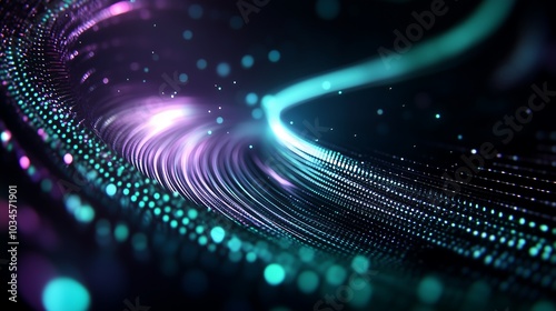 A vibrant, abstract representation of flowing digital waves, characterized by luminous dots and swirling lines in shades of blue, purple, and teal.