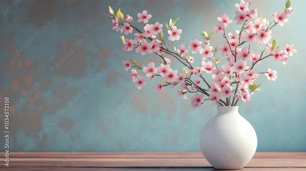 3D cartoon illustration of spring blossoms in a white vase on a wooden table 3D cartoon illustration of spring blossoms in a white vase on a wooden table
