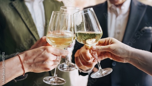 People hold in hands glasses with white wine. Wedding party. Friends toasting with a champagne