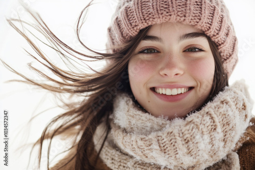 Portrait of a happy woman in warm winter clothes. She is laughing. The wind is blowing the woman's hair. photo