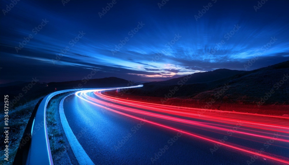 Cars red light trails at night in a curve asphalt road at night, long exposure image Cars red light trails at night in a curve asphalt road at night, long exposure image