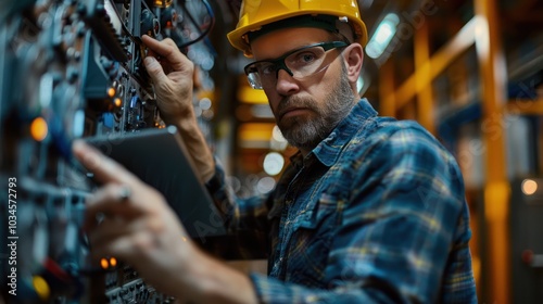 Electrician using tablet to adjust circuitry at junction box