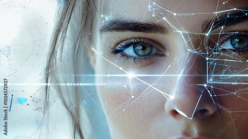 Young woman with digital facial recognition overlay. Generative AI Video