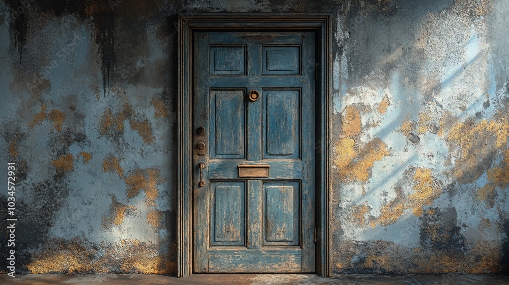 A weathered blue wooden door with a brass door knocker and mailbox, set against a distressed, yellow and blue painted wall, with a shaft of light illuminating the door from the right. A weathered blue wooden door with a brass door knocker and mailbox, set against a distressed, yellow and blue painted wall, with a shaft of light illuminating the door from the right.