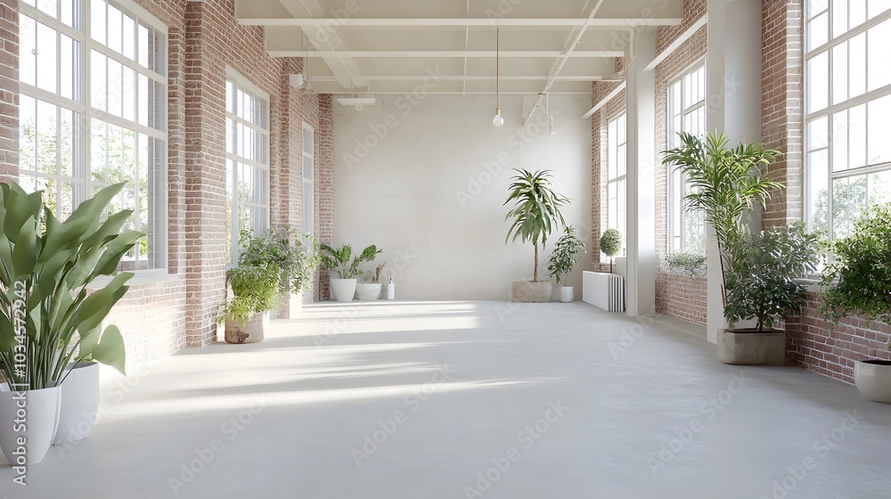 Fototapeta premium 95. A bright and airy loft space with plants and an empty area for a product
