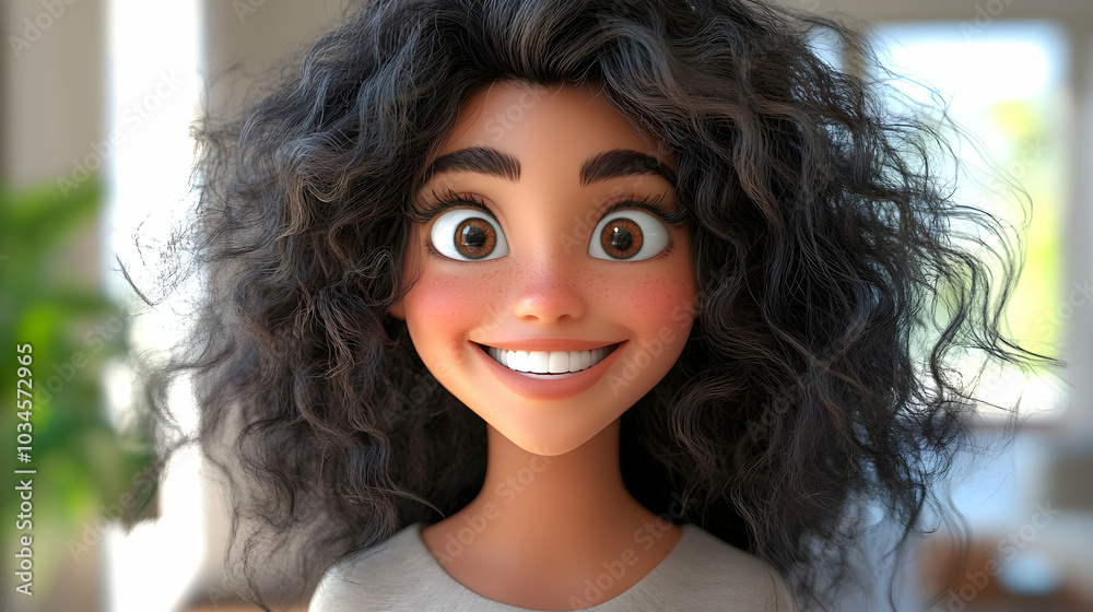 Naklejka premium 3D illustration of a smiling woman with curly hair 