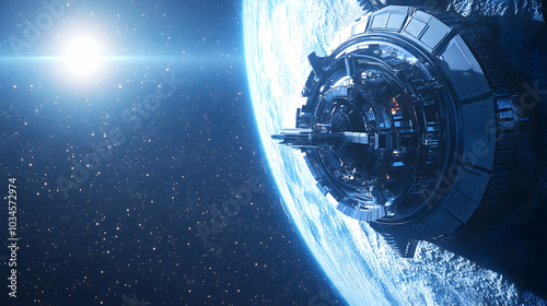 Fototapeta Naklejka Na Ścianę i Meble -  3D illustration of a futuristic space station orbiting a planet   