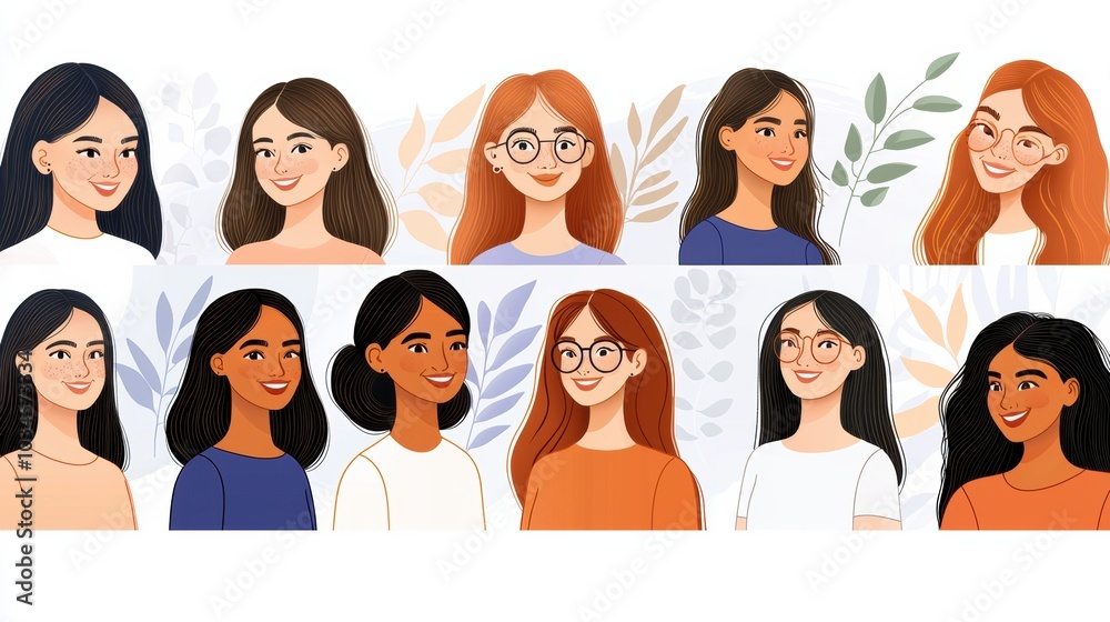 Diverse Group of Young Women Portraits in Casual Modern Style Diverse Group of Young Women Portraits in Casual Modern Style