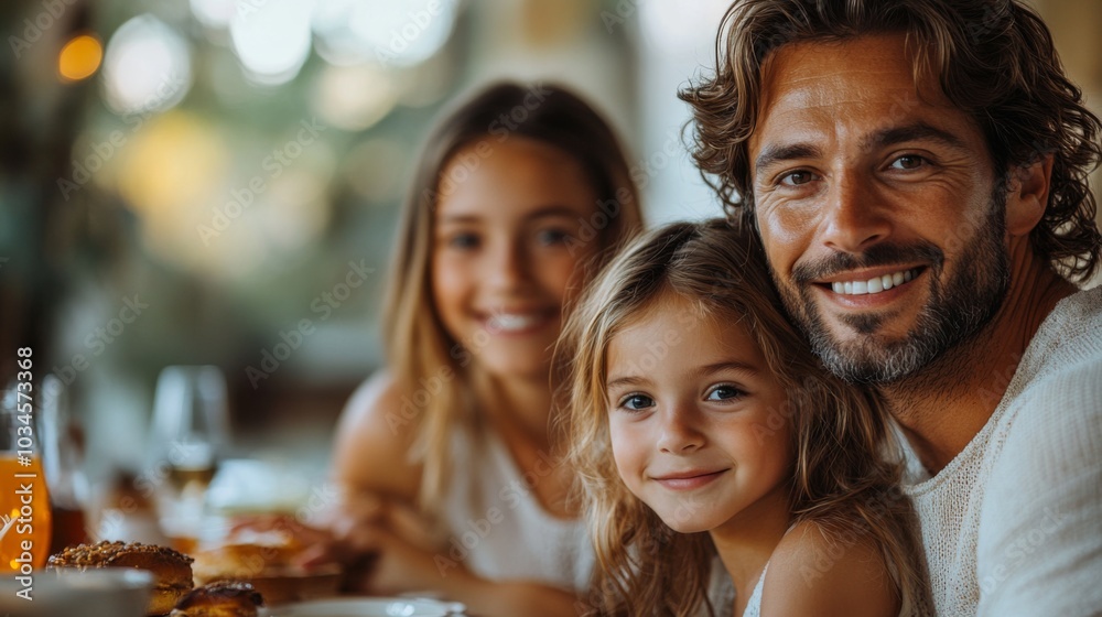 A family enjoys a meal together at a restaurant, filled with laughter and smiles. The setting is warm and inviting, perfect for quality time.
