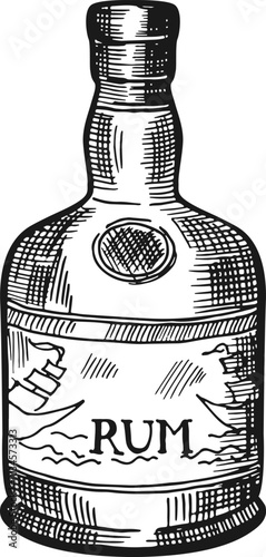 Rum glass bottle engraving. Vintage alcohol drink