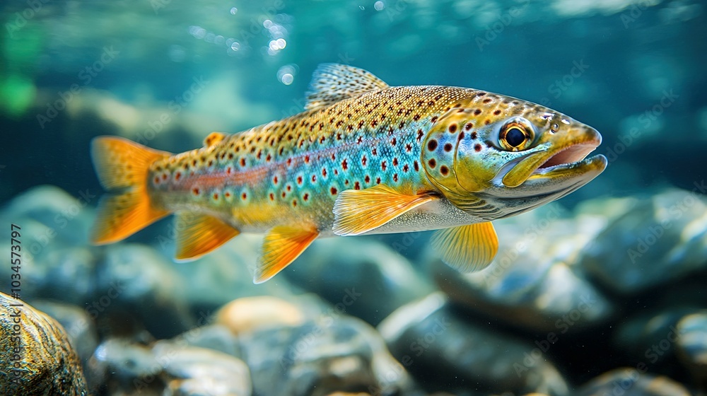 A Brown Trout Swimming Upwards in Clear Water A Brown Trout Swimming Upwards in Clear Water