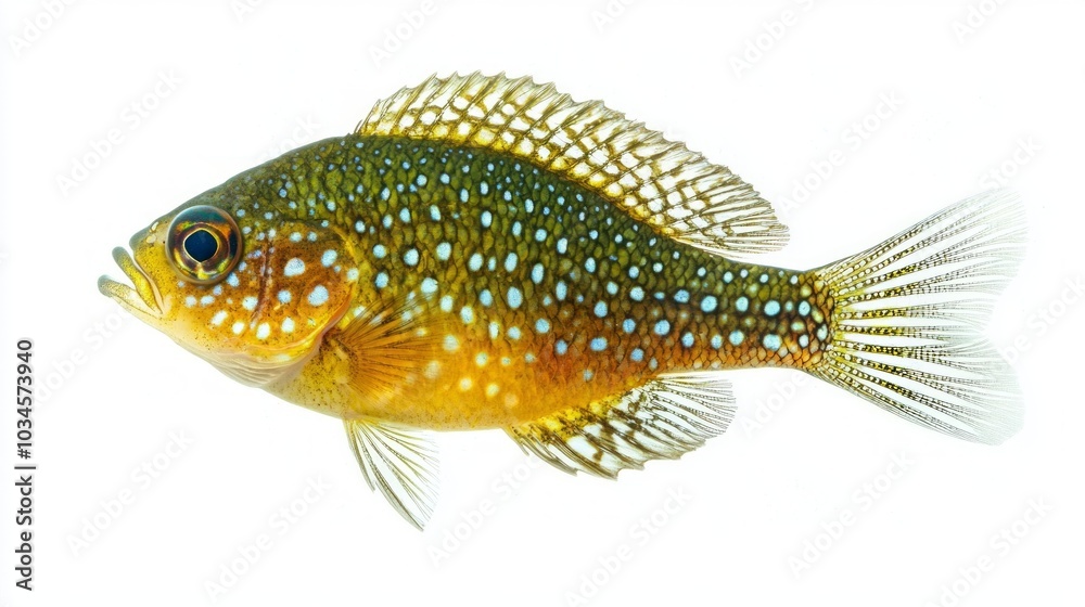 Pumpkinseed Sunfish displays vibrant colors and distinctive spots highlighting its unique features in a striking portrayal on a plain white background. Pumpkinseed Sunfish displays vibrant colors and distinctive spots highlighting its unique features in a striking portrayal on a plain white background.