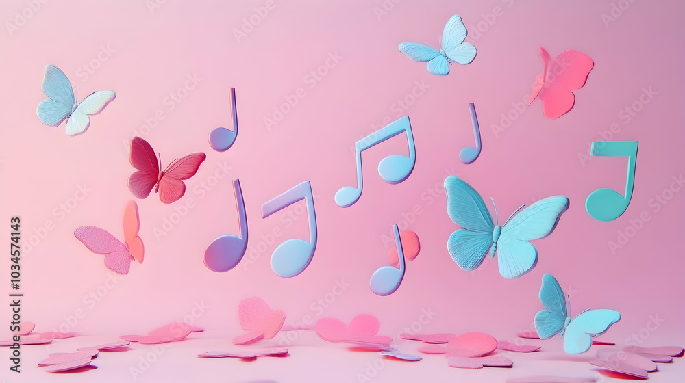 3D illustration of colorful musical notes and butterflies on a clean background 3D illustration of colorful musical notes and butterflies on a clean background