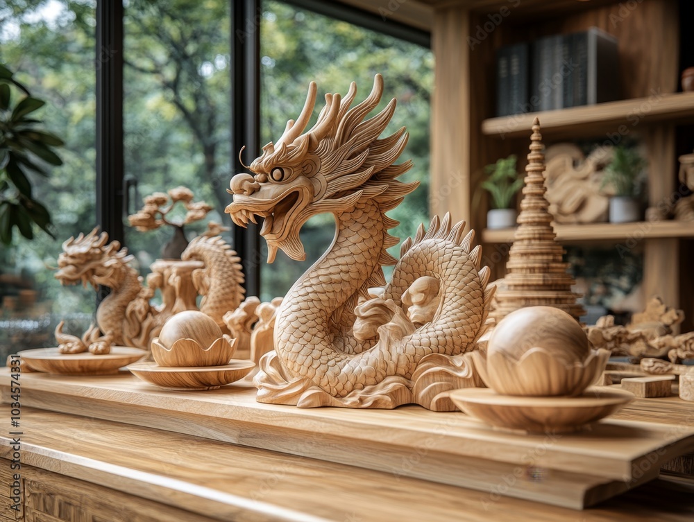 Fototapeta premium Exquisite Handcrafted Wooden Dragon Sculptures for Unique Home Decor