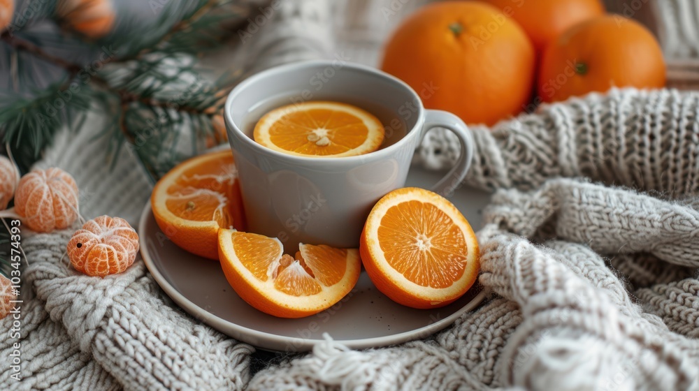 Gray Cup and Tangerines on Knitted Background Close-Up Gray Cup and Tangerines on Knitted Background Close-Up