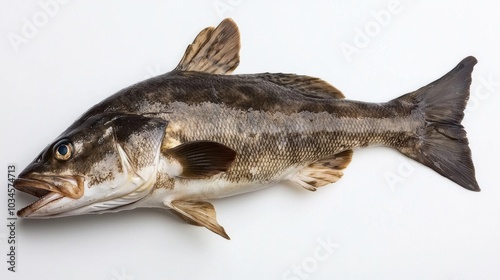 Sablefish Anoplopoma fimbria is displayed prominently against a white background highlighting its unique physical characteristics and healthy appearance. photo