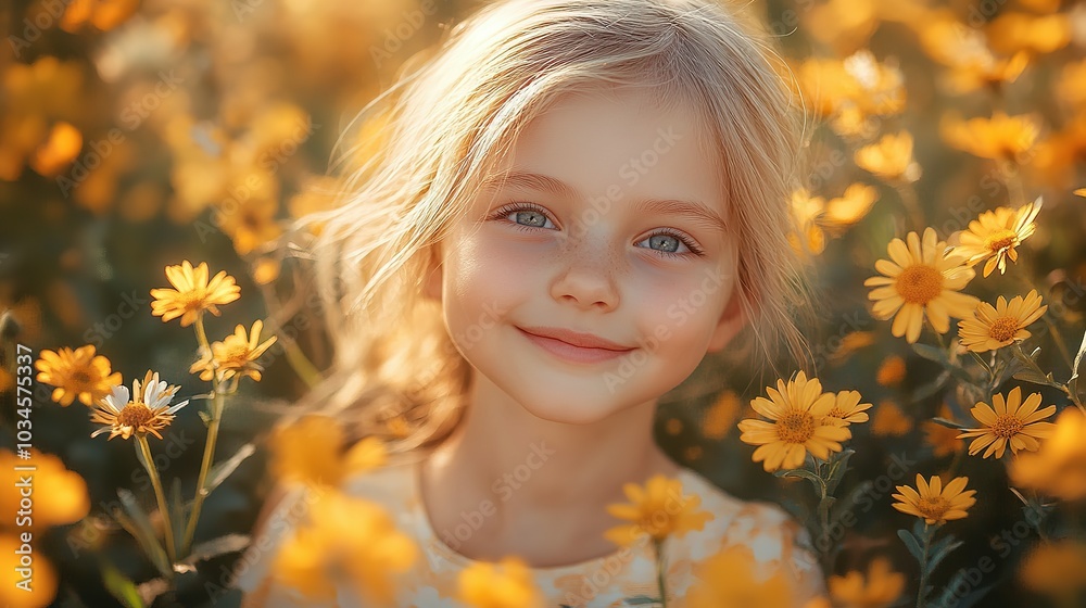 Young Girl Smiling Amidst a Field of Yellow Flowers Young Girl Smiling Amidst a Field of Yellow Flowers