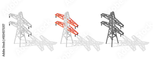 Isometric high-voltage electricity distribution pylons. Electric transmission network delivering energy, with electrical power lines against a white background. Vector 3d illustration icon energy pole