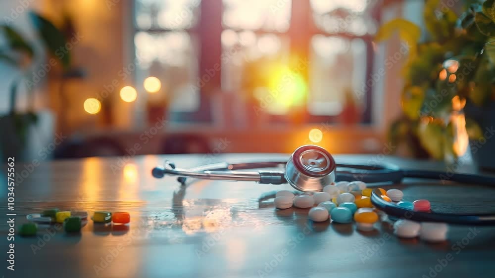 On an empty table, a stethoscope and pills represent health diversity and medical care. Video On an empty table, a stethoscope and pills represent health diversity and medical care. Video