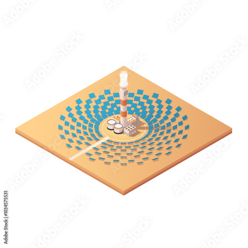 Isometric concentrated solar thermal system with power tower and mirrored heliostats. Vector 3d illustration of solar power plant in a desert, renewable energy source