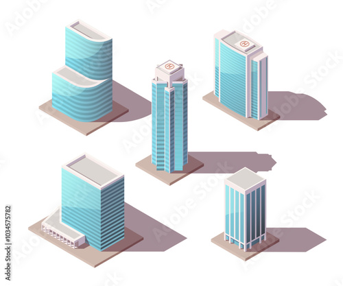 Isometric collection of skyscraper buildings, business offices and commercial towers. Vector low poly set of buildings with finance cityscape architecture, 3D street elements for map creation