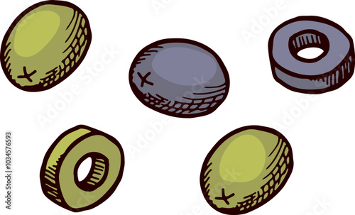 Sliced olives sketch. Tasty food cooking ingredient