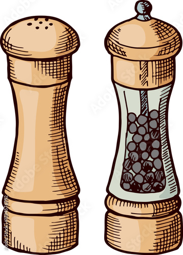 Pepper shaker. Spice grinder food flavor drawing