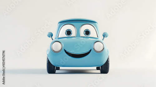 3D rendering of a cute blue car with eyes and a mouth, smiling against a white background   