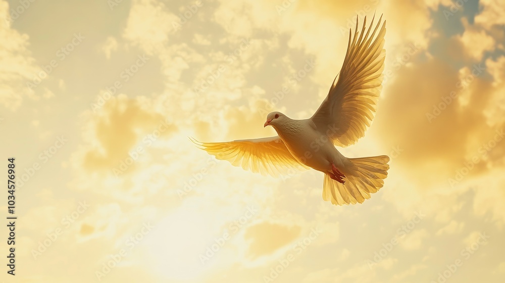 Fototapeta premium A dove soaring in a bright sky, symbolizing peace, freedom, and the pursuit of inner tranquility, perfect for spiritual or emotional themes