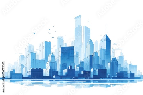 Wallpaper Mural A modern urban skyline silhouette reflecting on water at dawn, showcasing a blend of minimalistic architecture and vibrant colors in a contemporary cityscape Torontodigital.ca