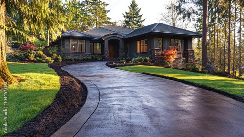 Wide concrete driveway leads to a beautiful new home photo