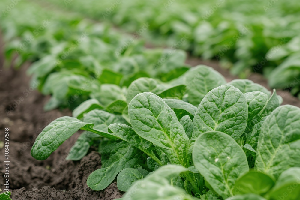 Rows of fresh spinach growing on farm Rows of fresh spinach growing on farm