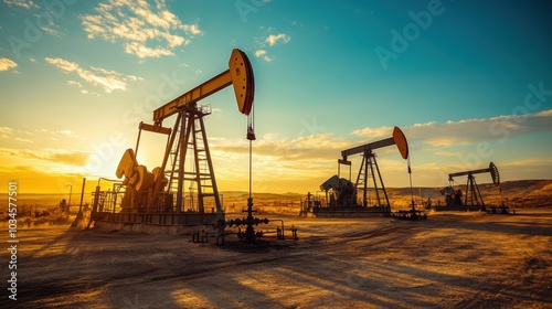 Oil pumps extracting crude oil during sunset in the oilfield