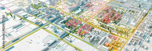Color-Coded Zonal Schematic of Cityscape Highlighting Residential, Commercial, Industrial, and Green Spaces for Urban Planning