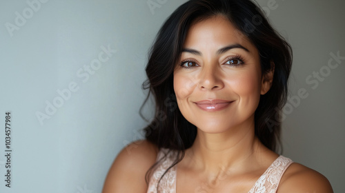 PHOTO OF A BEAUTIFUL MID AGE latino WOMAN WITH BEAUTIFUL SKIN on neutral background,