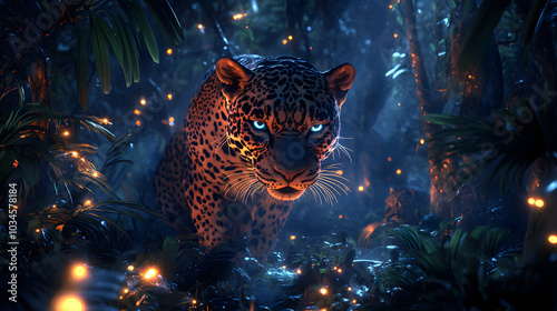 jaguar in a moonlit jungle with glowing eyes and glow-in-the-dark decorations
