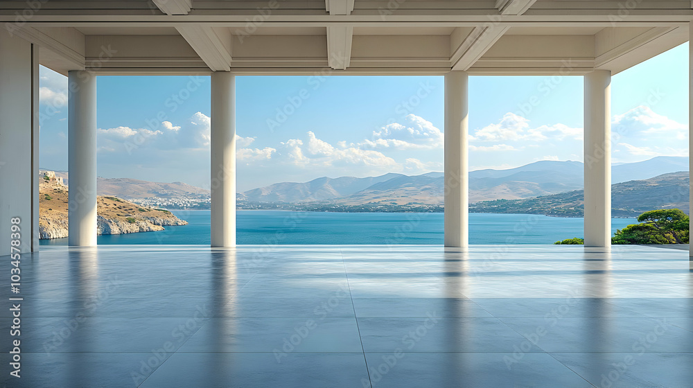 Fototapeta premium Modern Architecture Interior Design with Ocean View 3D Illustration