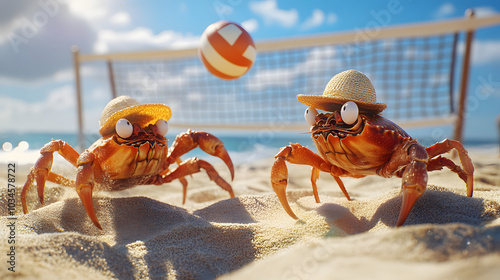 crabs playing beach volleyball on a sunny day photo