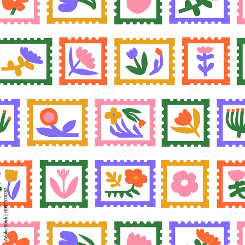 Wallpaper Mural Colorful floral post card stamp seamless pattern illustration. Vintage style flower background design. Old mail postage wallpaper print, spring season nature backdrop postmark label with flowers. Torontodigital.ca