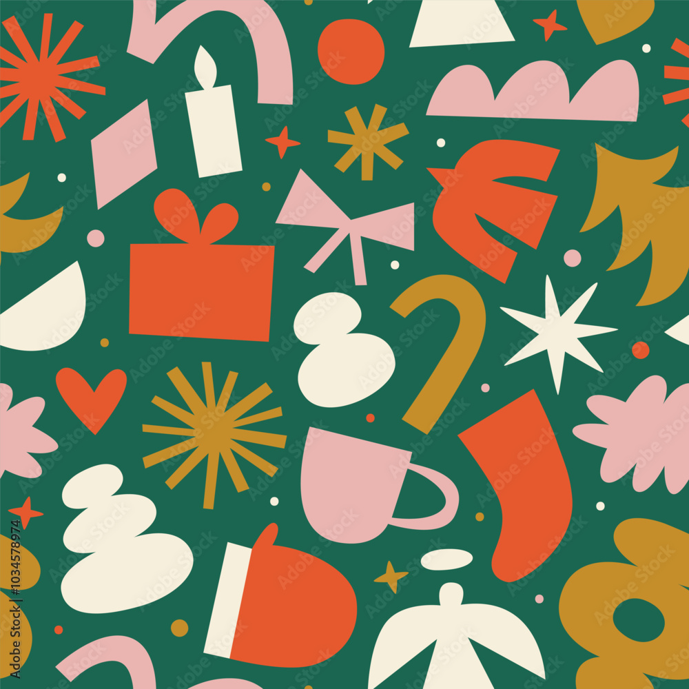 Merry Christmas abstract shape decoration seamless pattern illustration. Retro style winter holiday ornament cartoon texture. Xmas celebration event wallpaper, festive print. Merry Christmas abstract shape decoration seamless pattern illustration. Retro style winter holiday ornament cartoon texture. Xmas celebration event wallpaper, festive print.