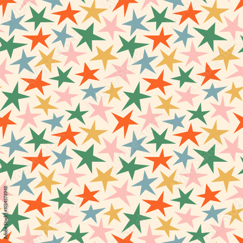 Colorful christmas star seamless pattern illustration. Retro hand drawn doodle celebration background print. Xmas event, holiday backdrop texture, vintage party design. 