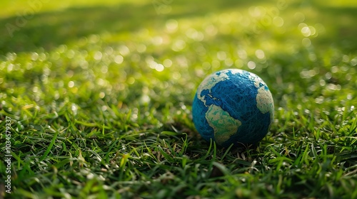 A small globe resting on grass symbolizes environmental awareness and our planet's beauty.