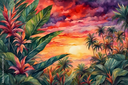 Idyllic beach scene at dusk, with palm silhouettes, orange horizon, and soft waves in a tranquil tropical paradise
