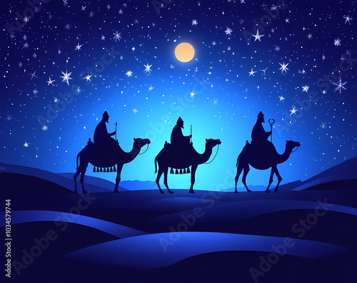 Vector illustration of three wise men, silhouette vector with camel and star in the sky on a blue background. Christmas card design. Vector illustration, simple shapes, flat colors, 2D,