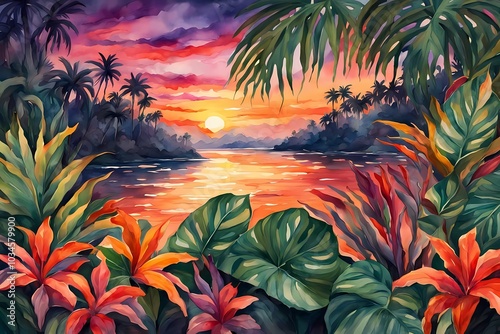 A serene tropical beach at sunset, with palm trees silhouetted against an orange sky, creating a tranquil paradise