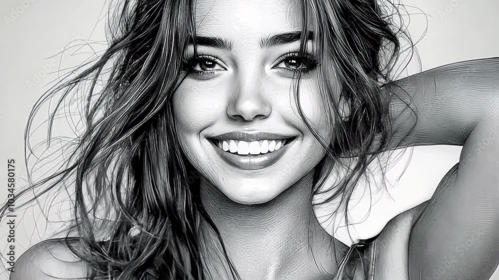 Playful smiling beautiful young woman in denim overalls unbuttoning one strap with a flirty smile sketch engraving generative ai raster . Scratch board imitation. Black and white image. Video