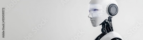 A futuristic humanoid robot with a sleek white design, facial display, and digital code overlay on its face, standing against a gray background.