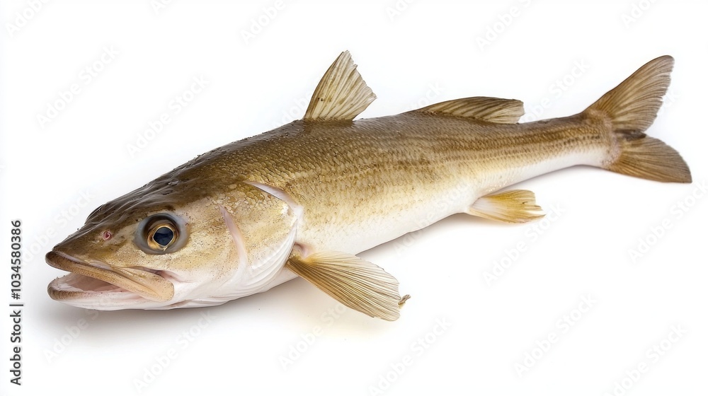 haddock a popular fish species displays its distinctive features and colors prominently against a white backdrop highlighting its fresh condition. haddock a popular fish species displays its distinctive features and colors prominently against a white backdrop highlighting its fresh condition.