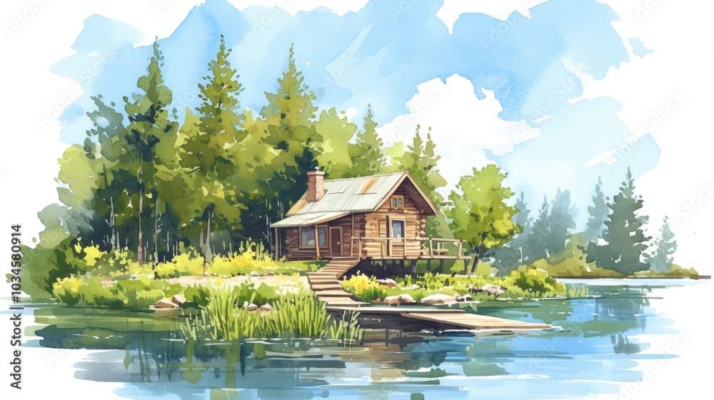 A serene lakeside cabin surrounded by lush greenery and tall trees, reflecting the tranquil atmosphere of nature in daylight A serene lakeside cabin surrounded by lush greenery and tall trees, reflecting the tranquil atmosphere of nature in daylight