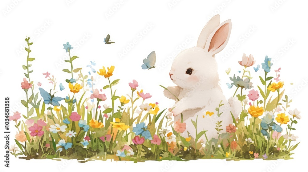 A white rabbit among colorful wildflowers in a vibrant garden during springtime, enhanced by fluttering butterflies, creating a joyful and serene atmosphere A white rabbit among colorful wildflowers in a vibrant garden during springtime, enhanced by fluttering butterflies, creating a joyful and serene atmosphere